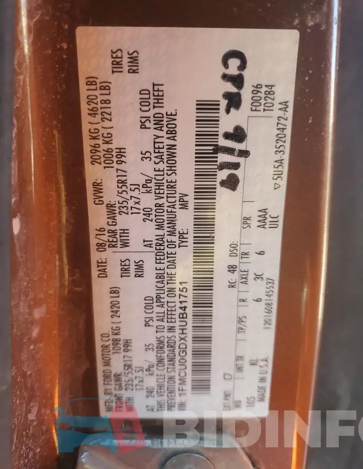 1FMCU0GDXHUB41751 Photo# 13
