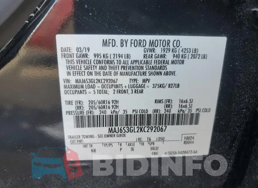 MAJ6S3GL2KC292067 Photo# 13