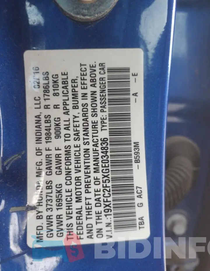 19XFC2F5XGE034836 Photo# 12