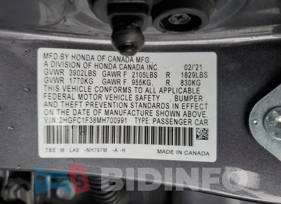 2HGFC1F38MH700991 Photo# 12