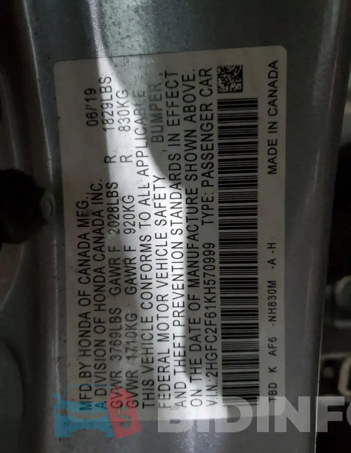 2HGFC2F61KH570999 Photo# 12