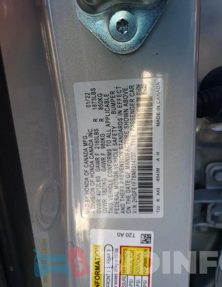 2HGFE1F78NH314537 Photo# 12