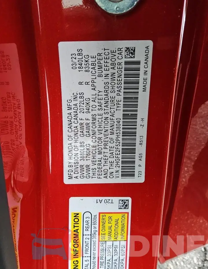 2HGFE2F52PH538040 Photo# 12