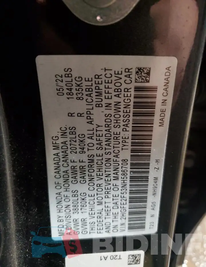 2HGFE2F53NH586708 Photo# 12