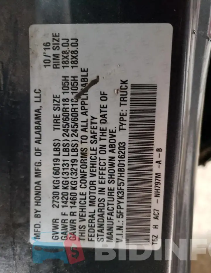 5FPYK3F57HB016203 Photo# 12