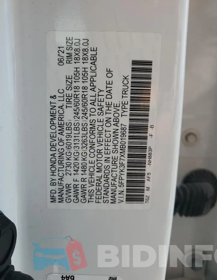 5FPYK3F7XMB019687 Photo# 13