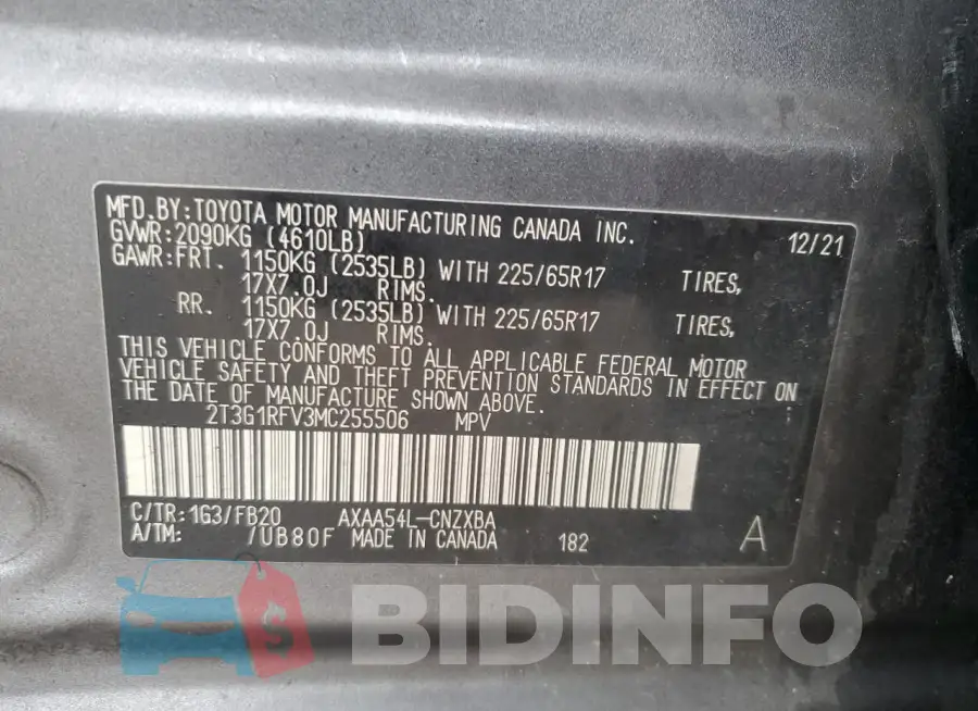 2T3G1RFV3MC255506 Photo# 13