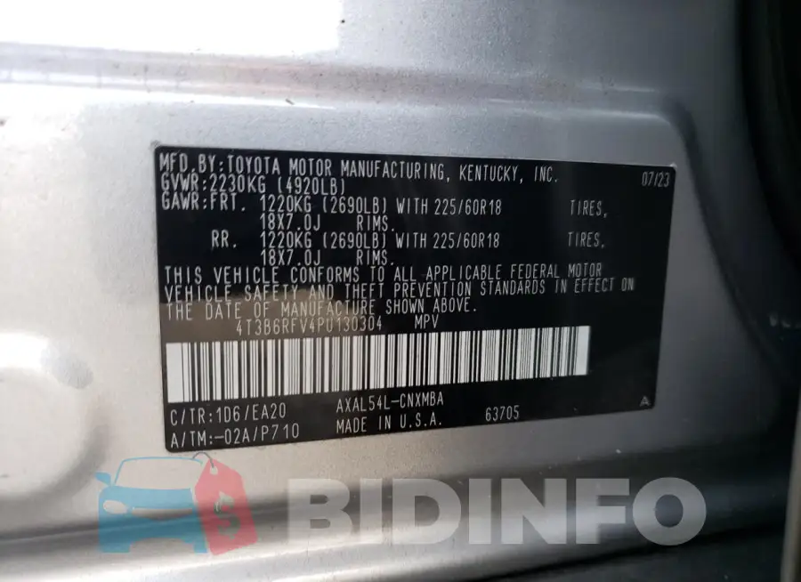 4T3B6RFV4PU130304 Photo# 13