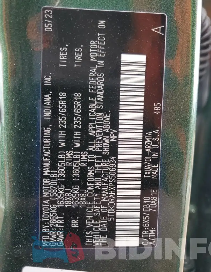 5TDKDRAHXPS506934 Photo# 14