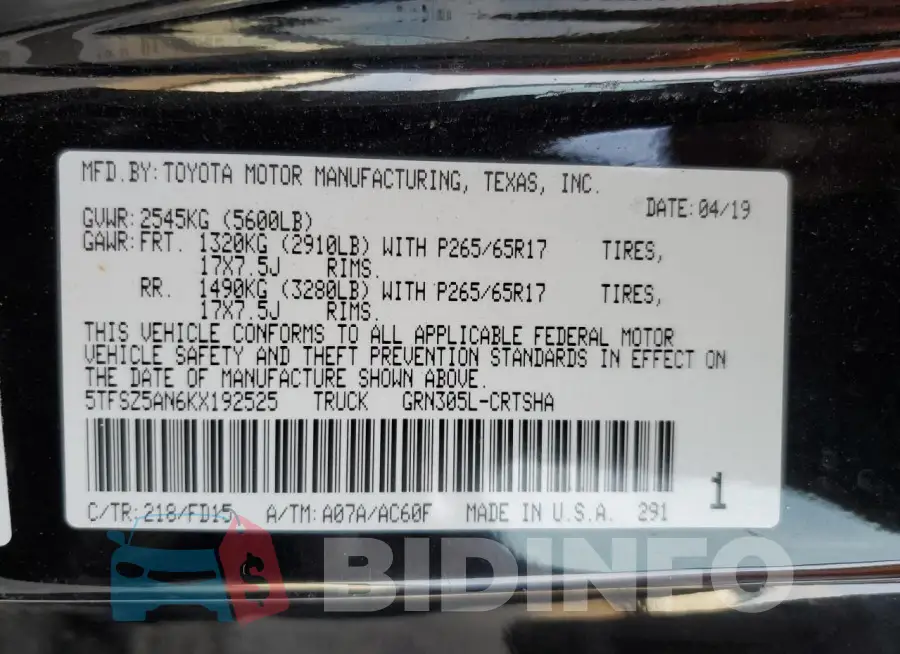 5TFSZ5AN6KX192525 Photo# 12