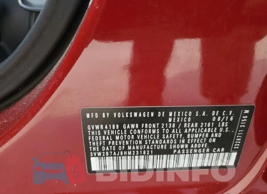3VW2B7AJ8HM231821 Photo# 12