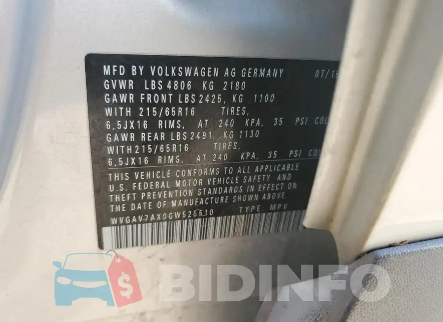 WVGAV7AX9GW525510 Photo# 13