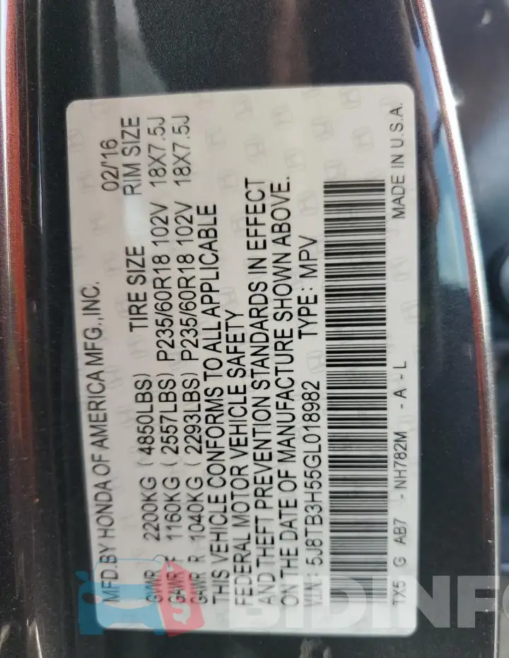 5J8TB3H55GL018982 Photo# 13