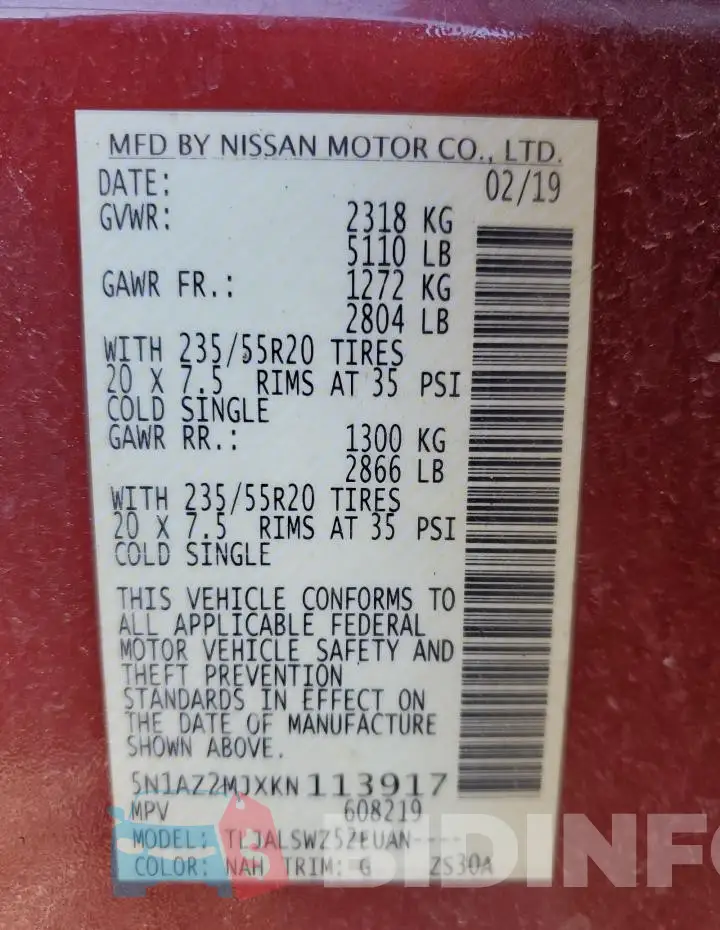 5N1AZ2MJXKN113917 Photo# 13