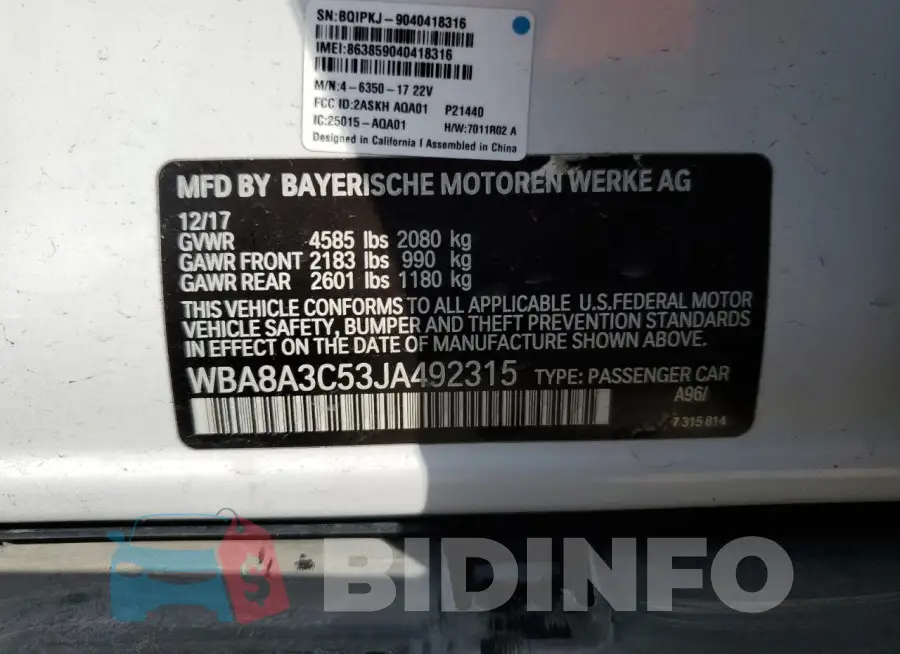 WBA8A3C53JA492315 Photo# 13