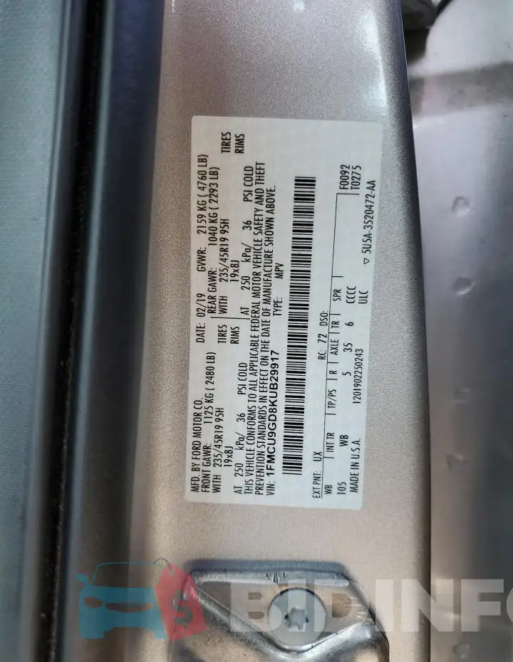 1FMCU9GD8KUB29917 Photo# 14