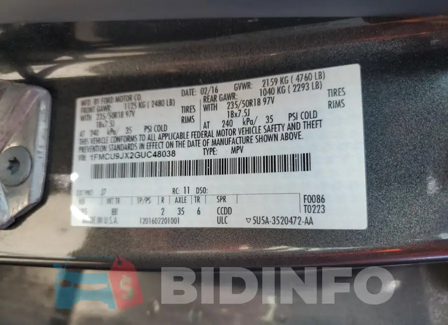 1FMCU9JX2GUC48038 Photo# 13