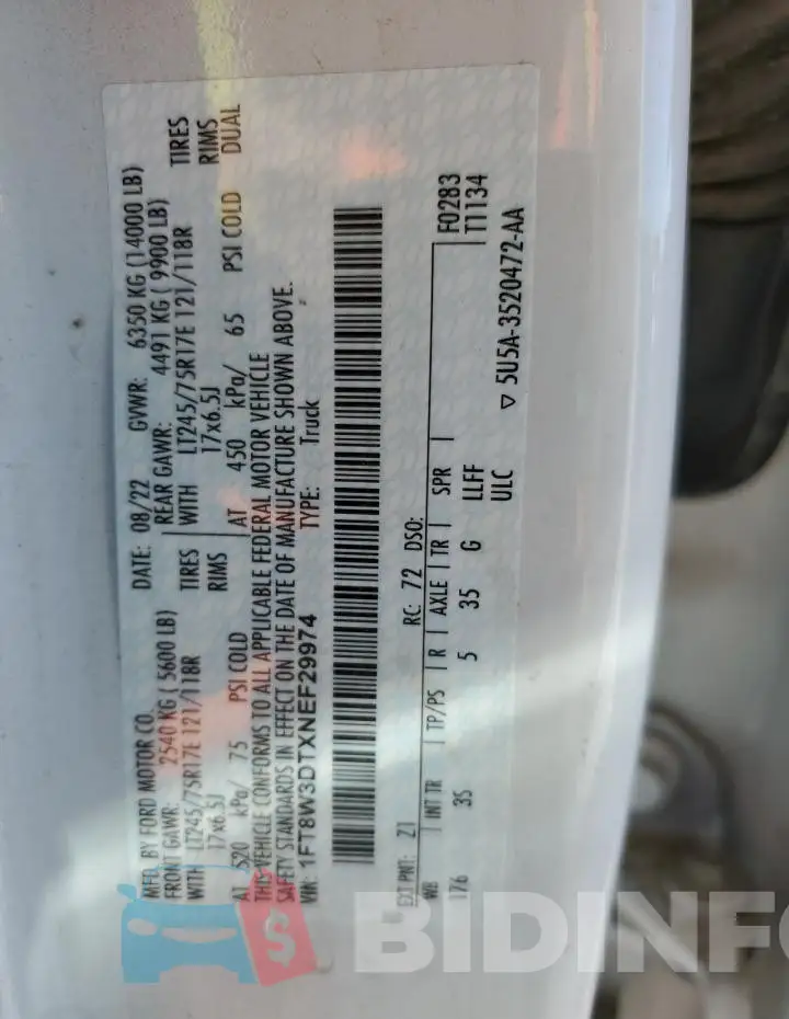 1FT8W3DTXNEF29974 Photo# 12
