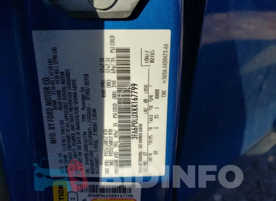 3FA6P0LUXKR167799 Photo# 12