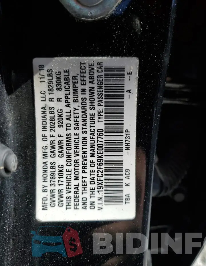 19XFC2F69KE007760 Photo# 12