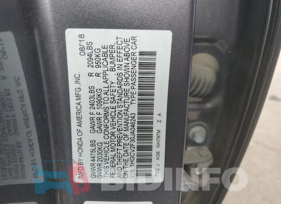 1HGCV2F30JA046243 Photo# 12