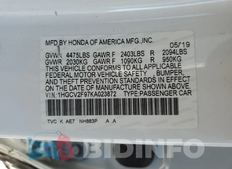 1HGCV2F97KA023872 Photo# 12