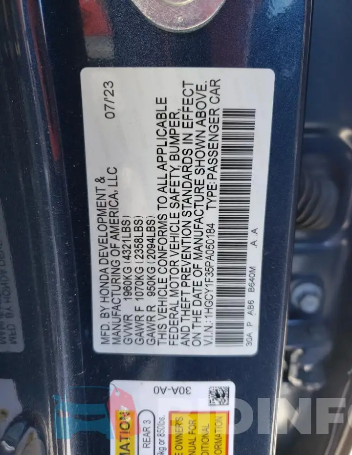 1HGCY1F35PA050184 Photo# 12