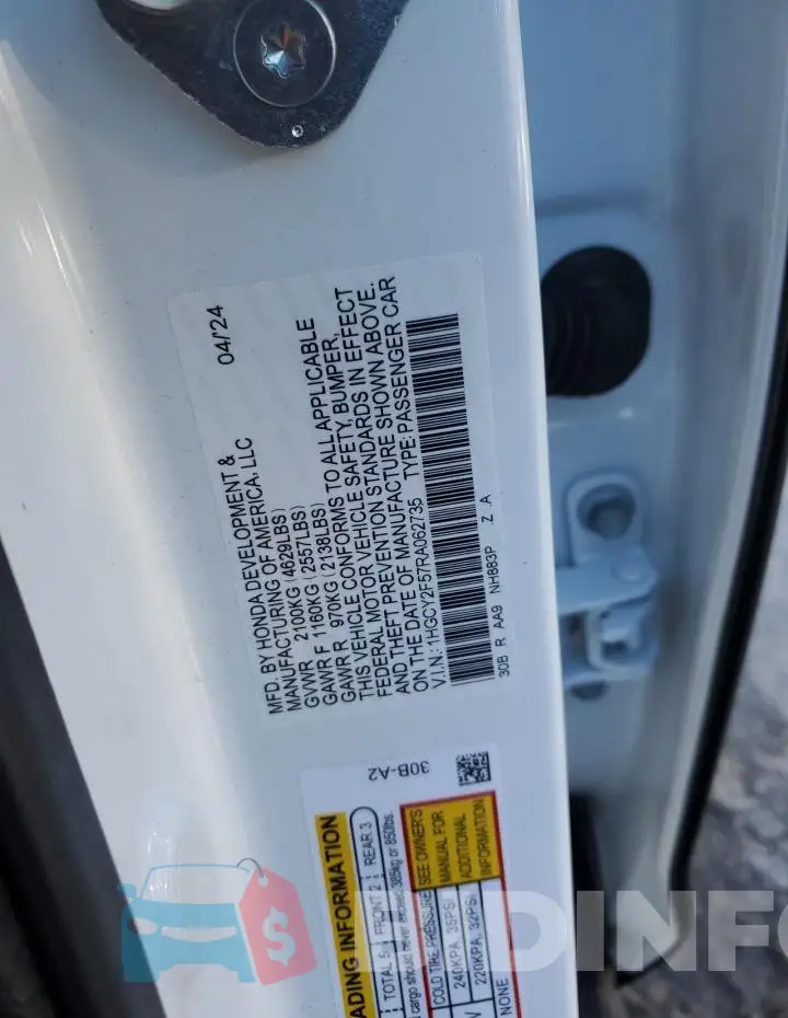 1HGCY2F57RA062735 Photo# 12