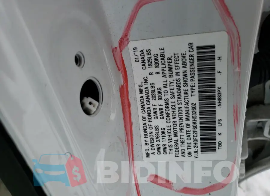 2HGFC2F60KH532602 Photo# 13