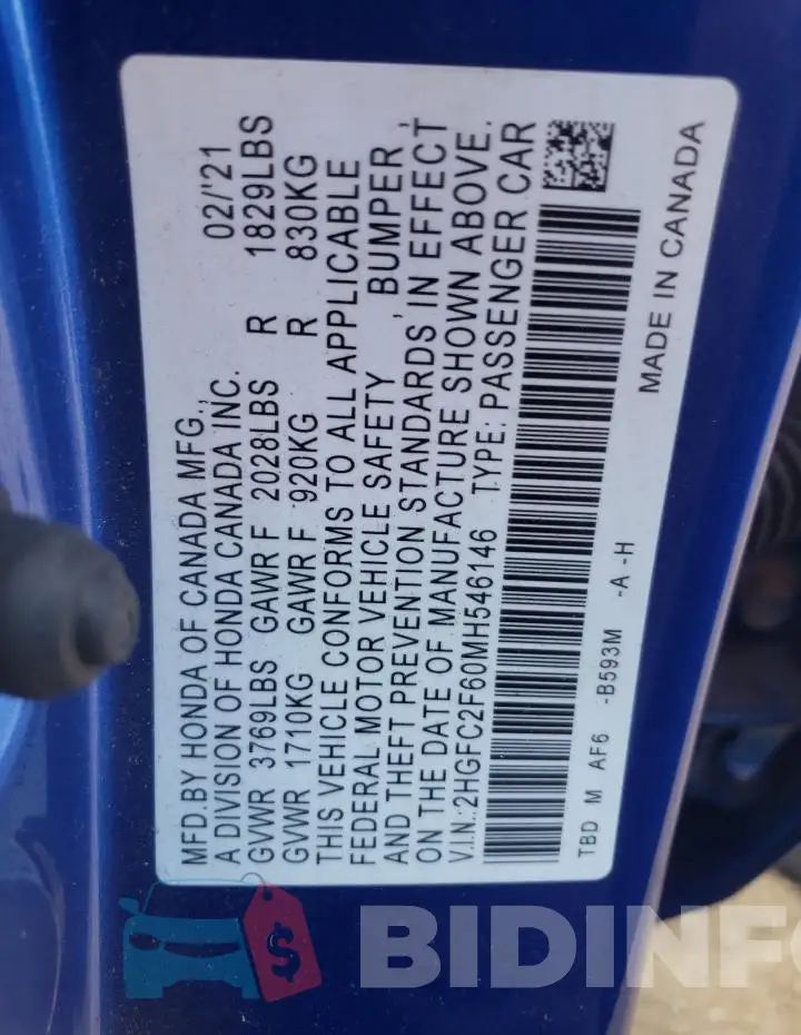 2HGFC2F60MH546146 Photo# 12