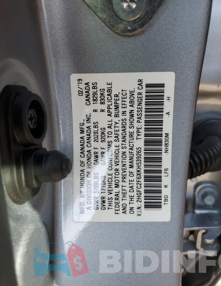 2HGFC2F6XKH539265 Photo# 12