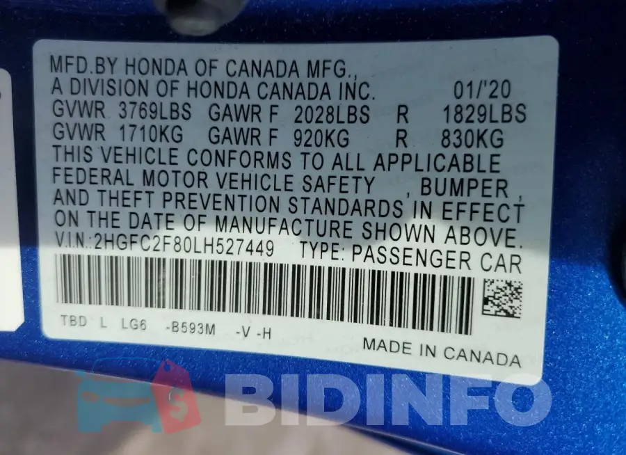 2HGFC2F80LH527449 Photo# 12