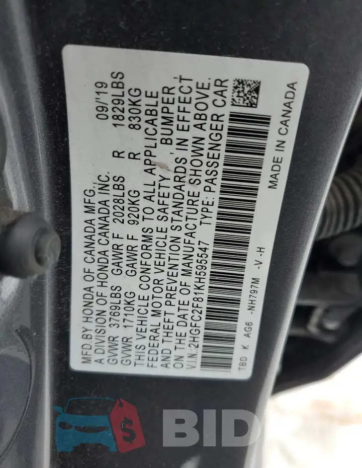 2HGFC2F81KH595547 Photo# 12