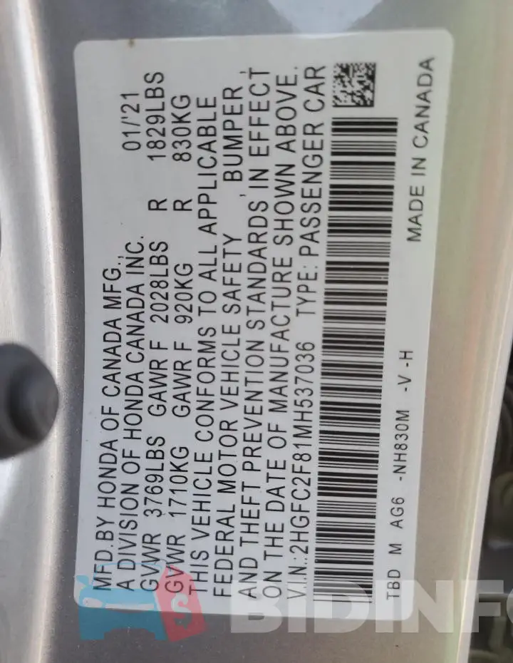 2HGFC2F81MH537036 Photo# 12