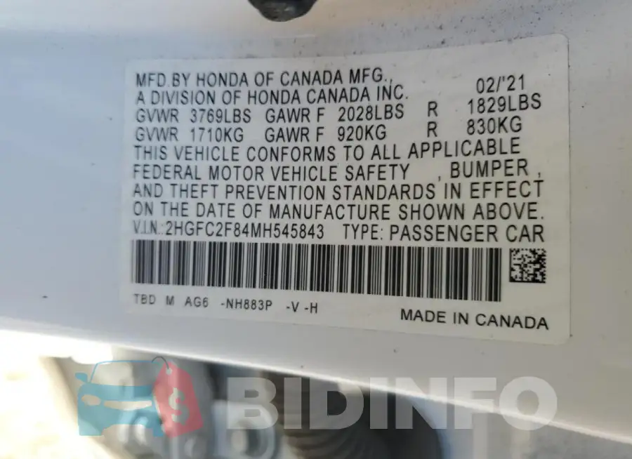 2HGFC2F84MH545843 Photo# 13