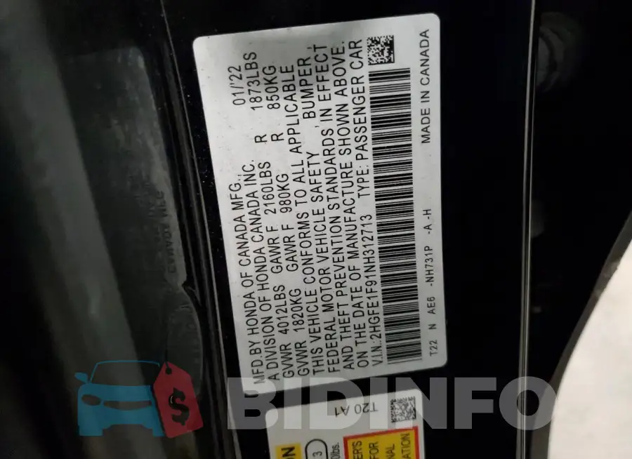 2HGFE1F91NH312713 Photo# 12