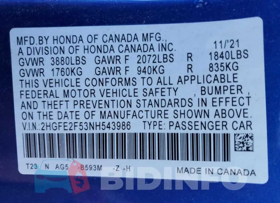 2HGFE2F53NH543986 Photo# 12