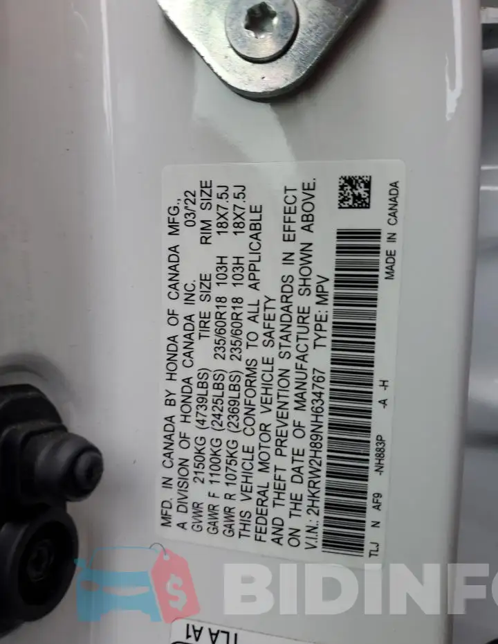 2HKRW2H89NH634767 Photo# 13