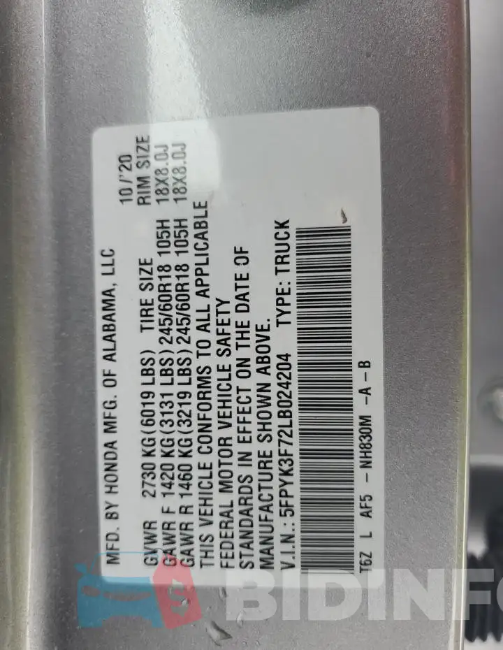 5FPYK3F72LB024204 Photo# 12