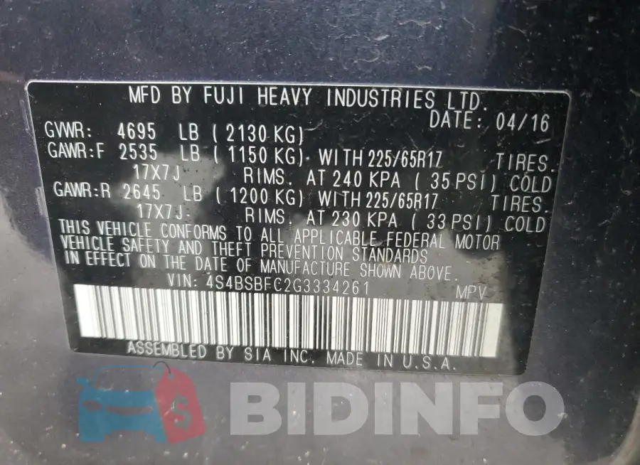 4S4BSBFC2G3334261 Photo# 14