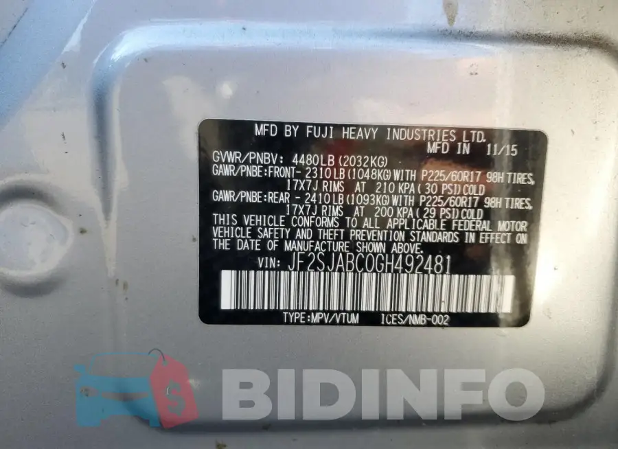 JF2SJABC0GH492481 Photo# 13