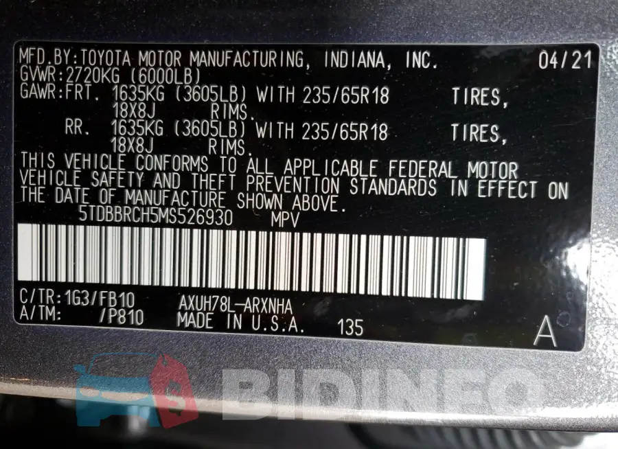 5TDBBRCH5MS526930 Photo# 13