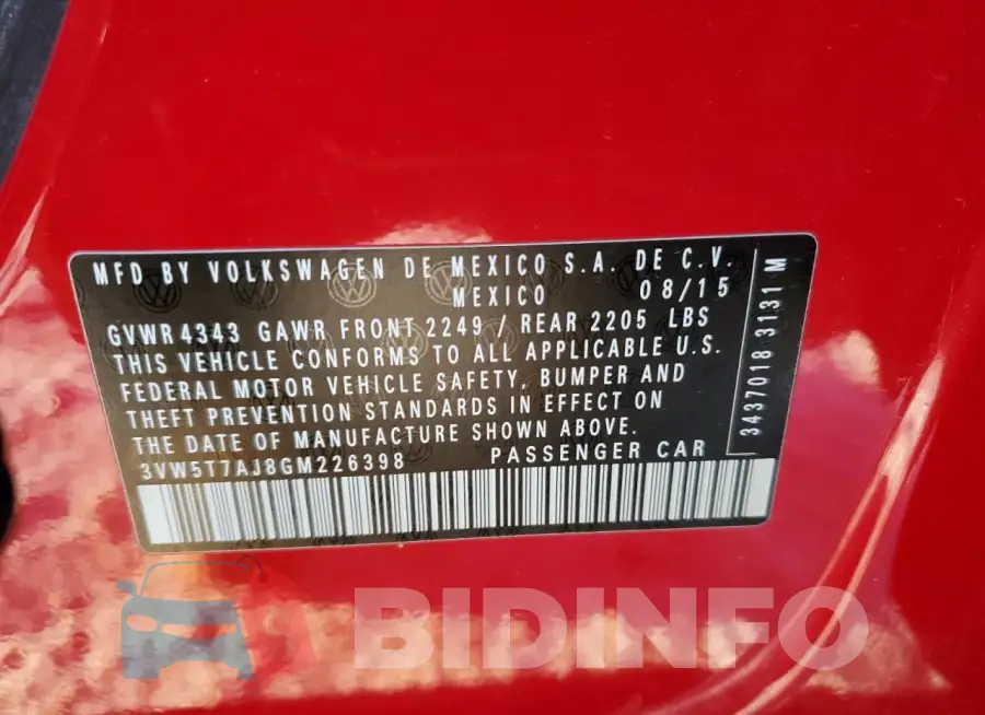 3VW5T7AJ8GM226398 Photo# 12