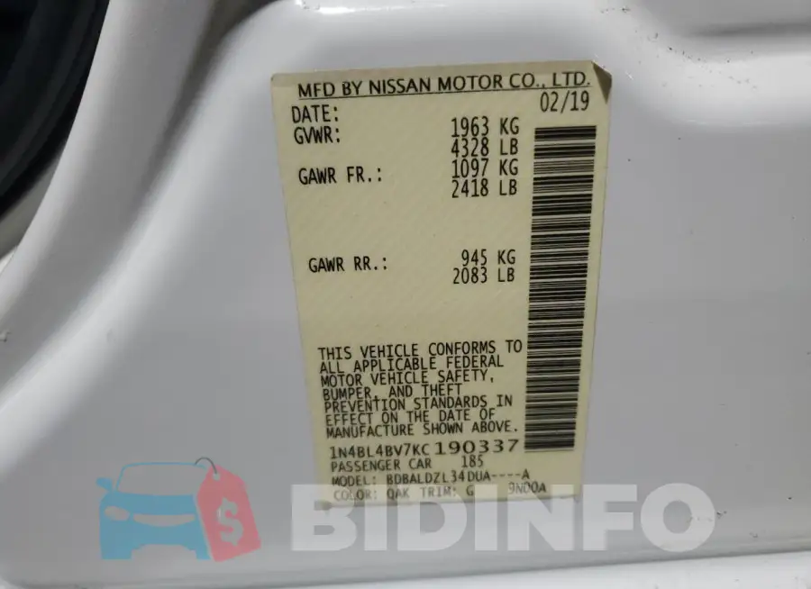 1N4BL4BV7KC190337 Photo# 12