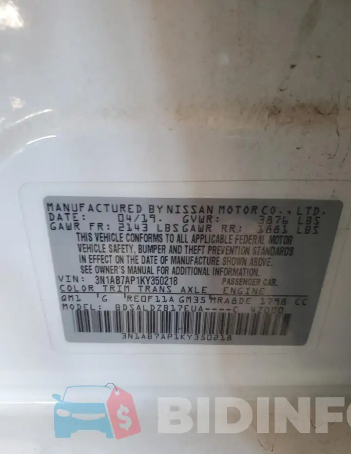 3N1AB7AP1KY350218 Photo# 12
