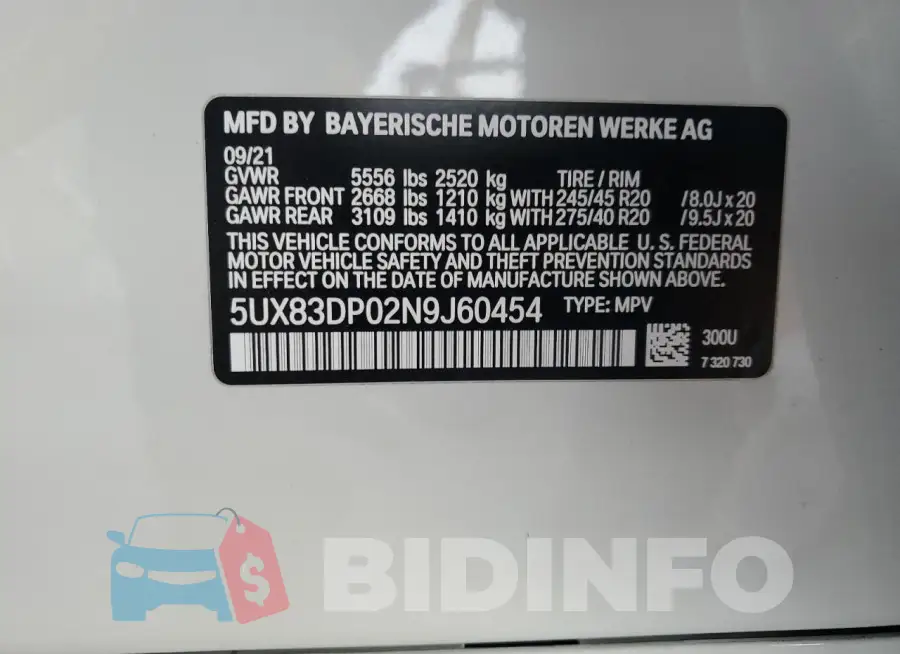 5UX83DP02N9J60454 Photo# 13