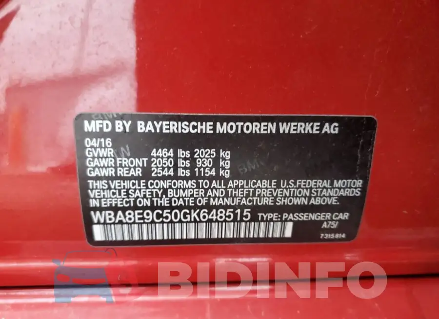 WBA8E9C50GK648515 Photo# 12