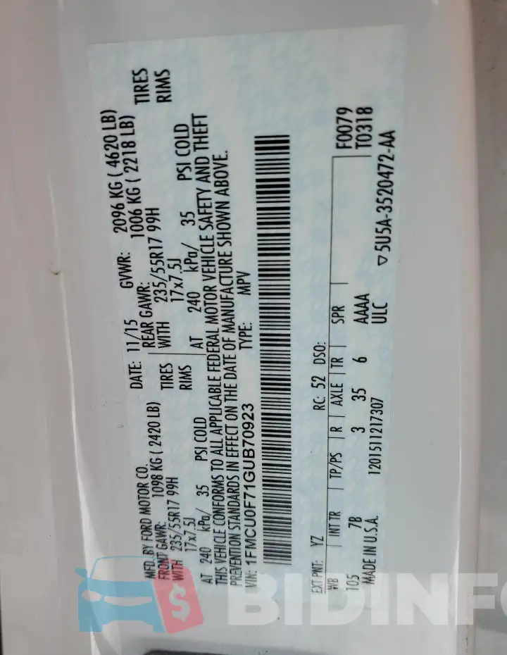1FMCU0F71GUB70923 Photo# 13