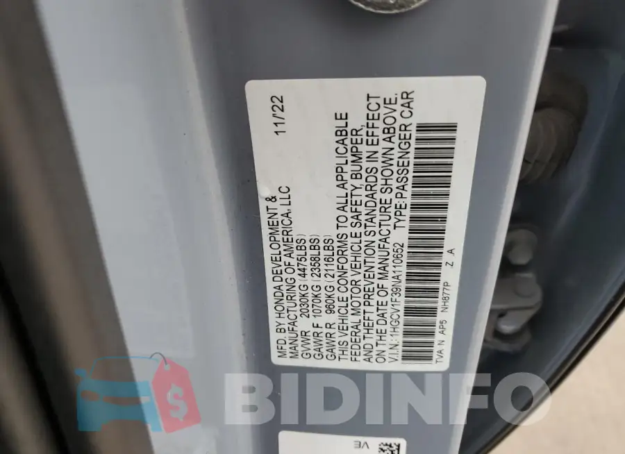 1HGCV1F39NA110652 Photo# 12