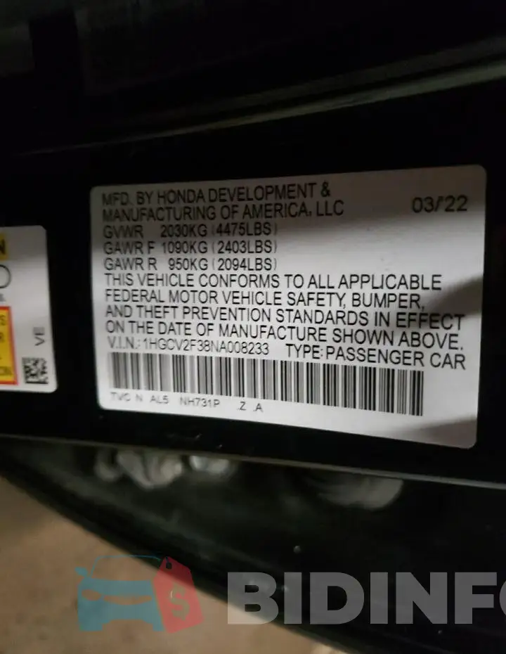 1HGCV2F38NA008233 Photo# 13